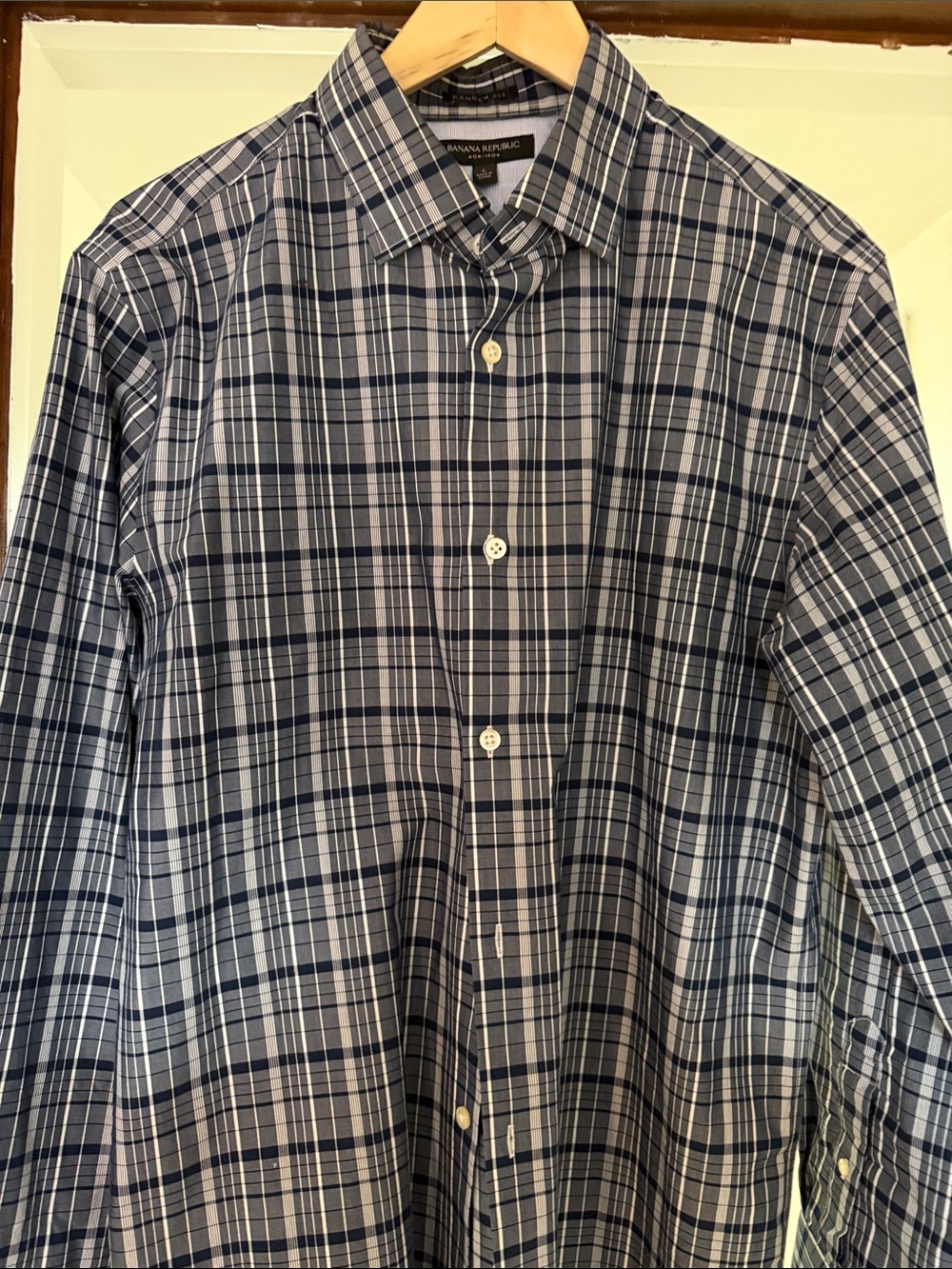 Banana Republic Men’s Navy and White Plaid Dress Shirt